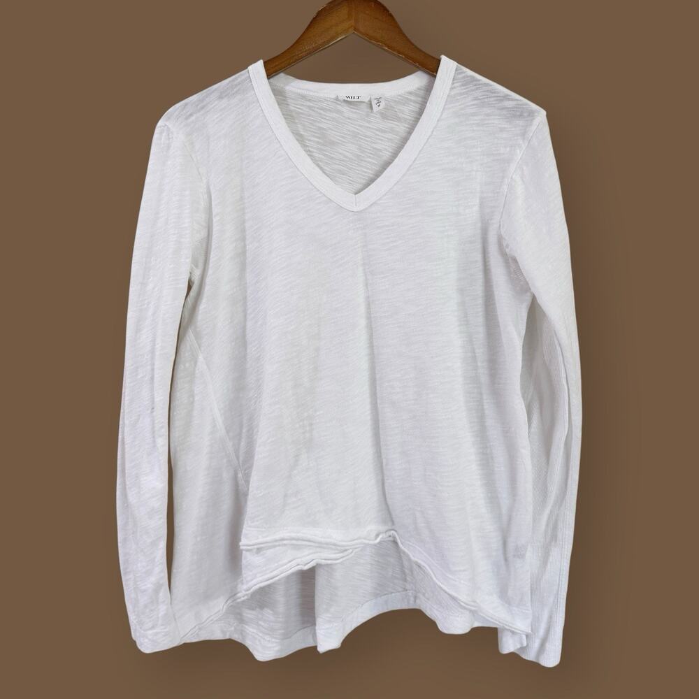 WILT White Long Sleeve 100% Cotton Slub Shirt M Asymmetrical Hem V-Neck Made USA